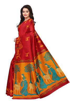 Red printed khadi saree with blouse 4