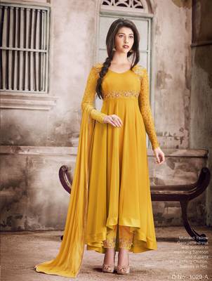 Mustard  embroidered faux georgette Anarkali 1