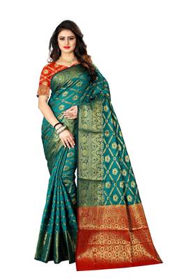 Green woven banarasi silk saree with blouse 1