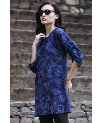 Navy Blue Floral Gathered Sleeve Top 1