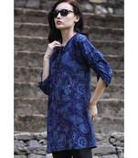 Navy Blue Floral Gathered Sleeve Top