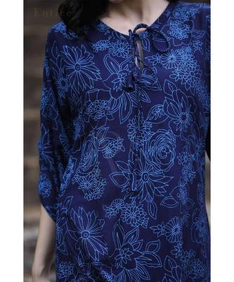 Navy Blue Floral Gathered Sleeve Top 3