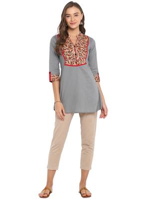 grey cotton straight print/solid straight stitched kurta 1