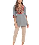 grey cotton straight print/solid straight stitched kurta