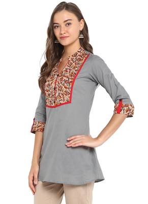 grey cotton straight print/solid straight stitched kurta 3
