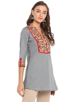 grey cotton straight print/solid straight stitched kurta 4
