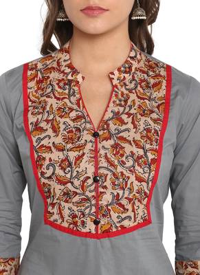 grey cotton straight print/solid straight stitched kurta 5