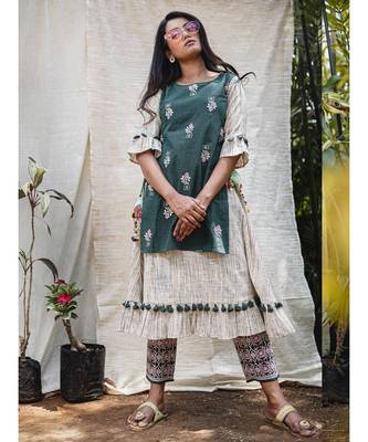 Green Khadi Two Layer Frilled Khadi  Embroidered Kurta 1