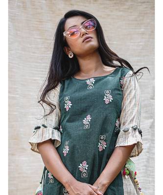 Green Khadi Two Layer Frilled Khadi  Embroidered Kurta 2