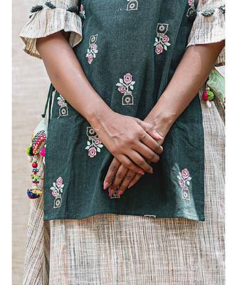 Green Khadi Two Layer Frilled Khadi  Embroidered Kurta 3