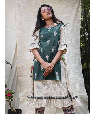 Green Khadi Two Layer Frilled Khadi  Embroidered Kurta 4