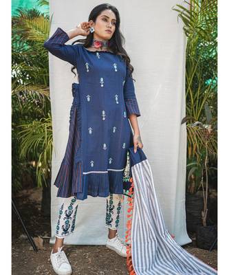 Navy Blue One Side Khadi Frilled A-line Kurta 1