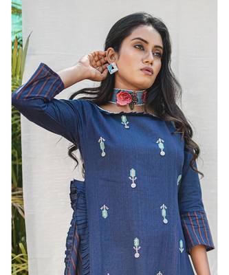 Navy Blue One Side Khadi Frilled A-line Kurta 2