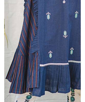 Navy Blue One Side Khadi Frilled A-line Kurta 3