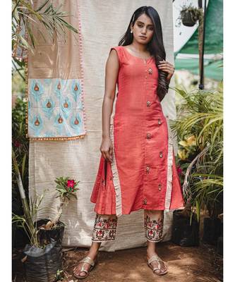Gajari Two Sided Embroidered  Khadi Frill Sleeveless Kurta 1