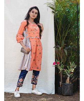 Orange Flap Assymetric Khadi Embroidered Kurta with wooden butttons 1