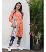 Orange Flap Assymetric Khadi Embroidered Kurta with wooden butttons