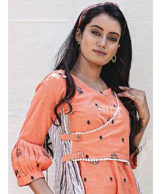 Orange Flap Assymetric Khadi Embroidered Kurta with wooden butttons 2