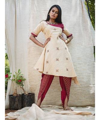 Beige High-Low Khadi Embroidered Kurta with strings 1