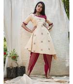 Beige High-Low Khadi Embroidered Kurta with strings