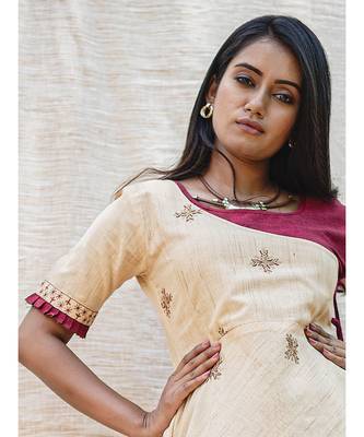 Beige High-Low Khadi Embroidered Kurta with strings 2