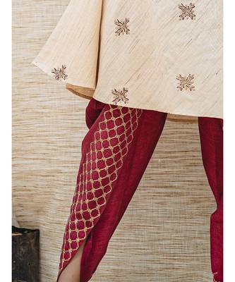 Beige High-Low Khadi Embroidered Kurta with strings 3