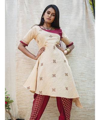 Beige High-Low Khadi Embroidered Kurta with strings 4