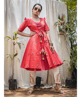 Red Rowdy Butti Embroidered Khadi Kurta with hangings 1