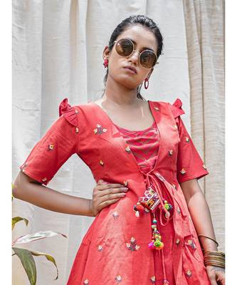 Red Rowdy Butti Embroidered Khadi Kurta with hangings 2