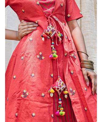 Red Rowdy Butti Embroidered Khadi Kurta with hangings 3