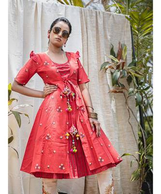 Red Rowdy Butti Embroidered Khadi Kurta with hangings 4