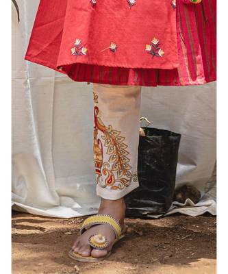 Red Rowdy Butti Embroidered Khadi Kurta with hangings 5
