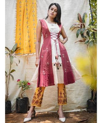 Off-White- Beige Jacket Style Embroidered Kurta With Hangings 1