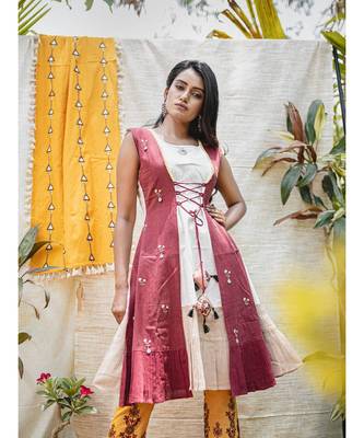 Off-White- Beige Jacket Style Embroidered Kurta With Hangings 2