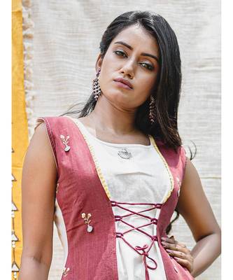 Off-White- Beige Jacket Style Embroidered Kurta With Hangings 3