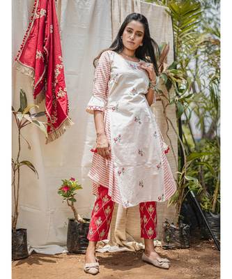 White And Stripie Jawahar Khadi Embroidered Butti Kurta 1