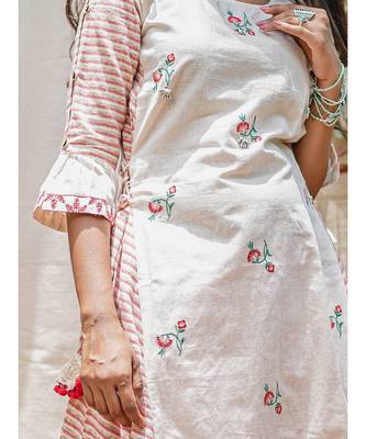 White And Stripie Jawahar Khadi Embroidered Butti Kurta 2