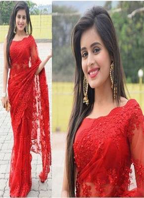 Red embroidered georgette saree with blouse 5