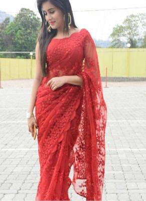 Red embroidered georgette saree with blouse 15