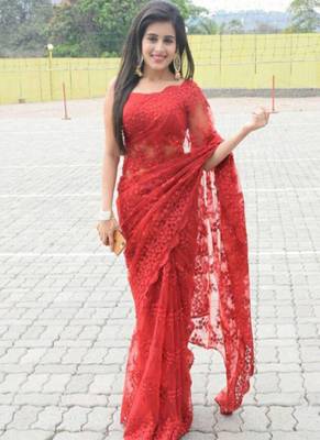 Red embroidered georgette saree with blouse 20