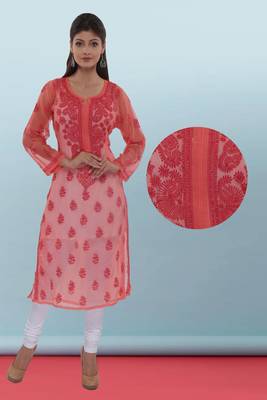 Ada Hand Embroidered Carrot Pink Faux Georgette Lucknowi Chikankari Kurti 1