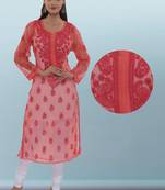 Ada Hand Embroidered Carrot Pink Faux Georgette Lucknowi Chikankari Kurti