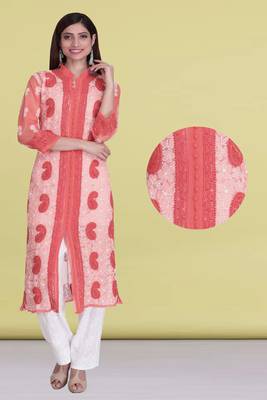 Orange Embroidered Faux Georgette Chikankari Kurti  1