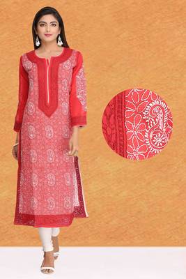 Red Embroidered Cotton Chikankari Kurti  5