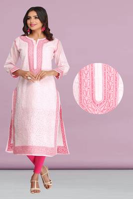 Ada Hand Embroidered Pink Cotton Lucknowi Chikankari Women Kurta - A267612 5