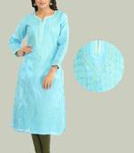 Ada Hand Embroidered Blue Cotton Lucknow Chikan Kurti