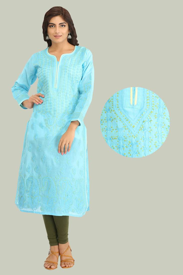 Ada Hand Embroidered Blue Cotton Lucknow Chikan Kurti