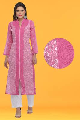 Onion Pink Embroidered Cotton Chikankari Kurti 6