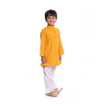 Yellow Plain Cotton Boys Kurta Pyjama 3