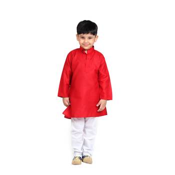 Red Plain Cotton Boys Kurta Pyjama 1